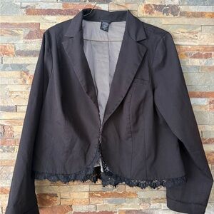 Torrid Black Lace Jacket Blazer Fringe Lace Ruffle size 3 Hook & Eye Profession